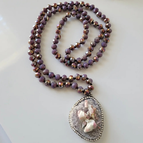 Extended Druzy Stone Beaded Necklace (Purple) - Picture 1 of 5